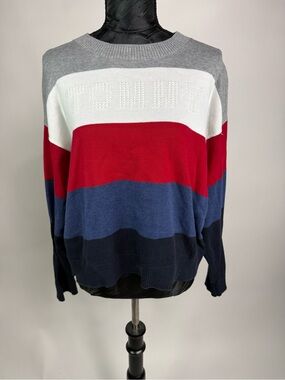 Tommy Hilfiger Gray White Red Blue Crewneck Colorblock Sweater